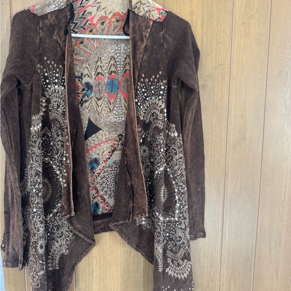 Vocal Cardigan Size Small Women Brown Rhinestone Embellished Boho Waffle Knit